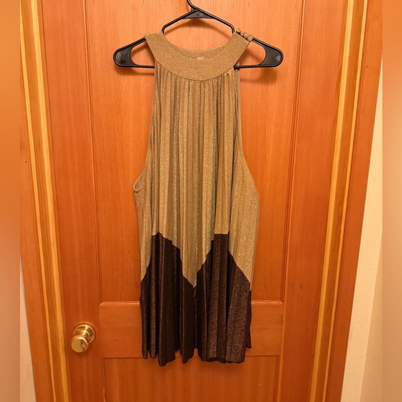 Free People Gold Brown Womens Shimmer Pleated Shift Dress - Picture 2 of 7